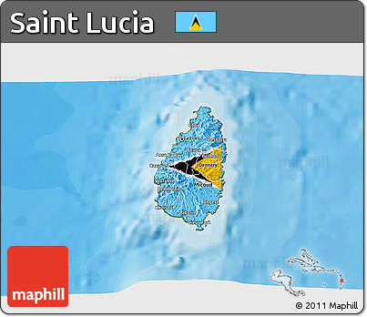 Flag 3D Map of Saint Lucia, satellite outside, bathymetry sea, flag aligned to the middle