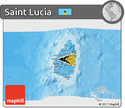 Flag 3D Map of Saint Lucia, shaded relief outside, bathymetry sea, flag aligned to the middle