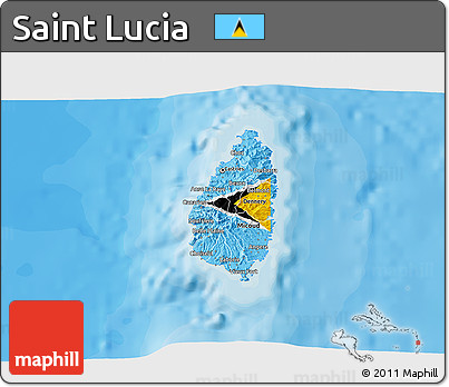 Flag 3D Map of Saint Lucia, shaded relief outside, bathymetry sea, flag aligned to the middle