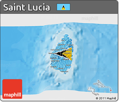 Flag 3D Map of Saint Lucia, shaded relief outside, bathymetry sea, flag rotated