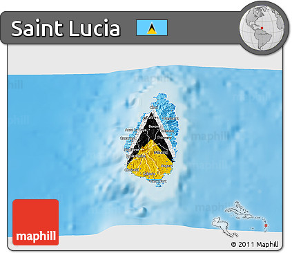 Flag 3D Map of Saint Lucia, shaded relief outside, flag centered