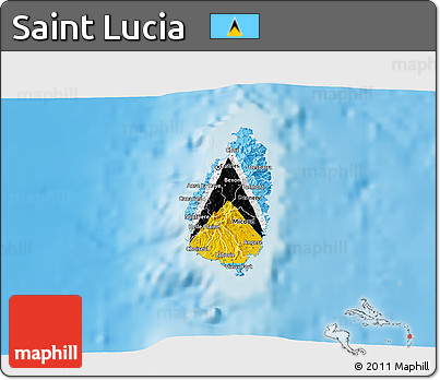 Flag 3D Map of Saint Lucia, shaded relief outside, flag centered