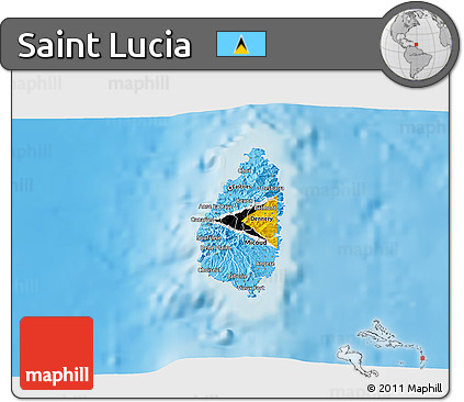 Flag 3D Map of Saint Lucia, shaded relief outside, flag aligned to the middle
