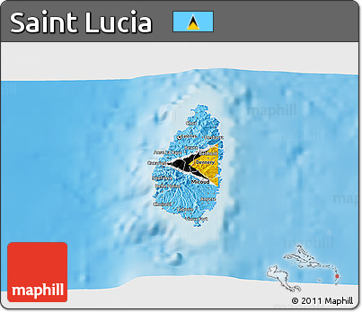Flag 3D Map of Saint Lucia, shaded relief outside, flag aligned to the middle