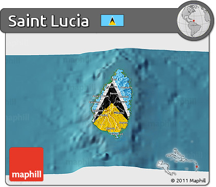Flag 3D Map of Saint Lucia, single color outside, satellite sea, flag centered