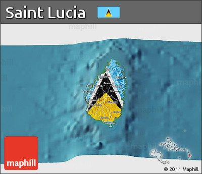 Flag 3D Map of Saint Lucia, single color outside, satellite sea, flag centered