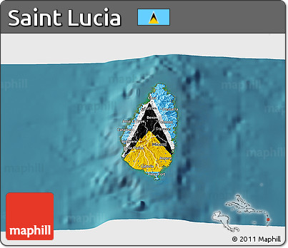 Flag 3D Map of Saint Lucia, single color outside, satellite sea, flag centered