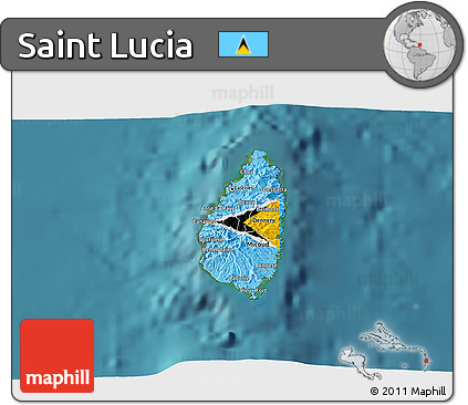 Flag 3D Map of Saint Lucia, single color outside, satellite sea, flag rotated