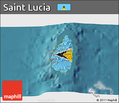Flag 3D Map of Saint Lucia, single color outside, satellite sea, flag rotated