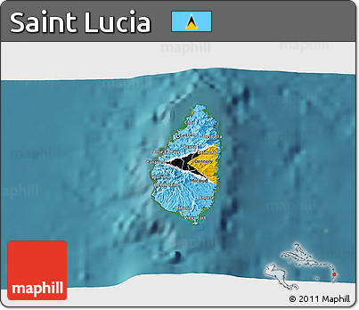 Flag 3D Map of Saint Lucia, single color outside, satellite sea, flag rotated