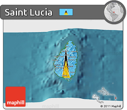 Flag 3D Map of Saint Lucia, single color outside, satellite sea
