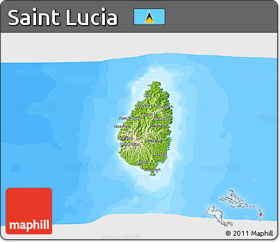 Physical 3D Map of Saint Lucia, single color outside, bathymetry sea