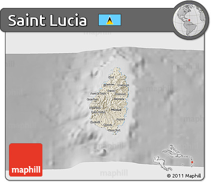 Shaded Relief 3D Map of Saint Lucia, desaturated