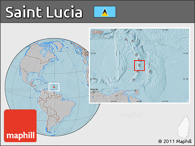 Flag Location Map of Saint Lucia, gray outside, hill shading outside