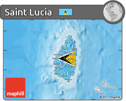 Flag Map of Saint Lucia, physical outside, bathymetry sea, flag aligned to the middle