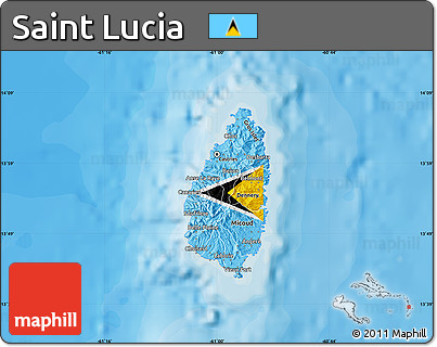 Flag Map of Saint Lucia, shaded relief outside, bathymetry sea, flag rotated