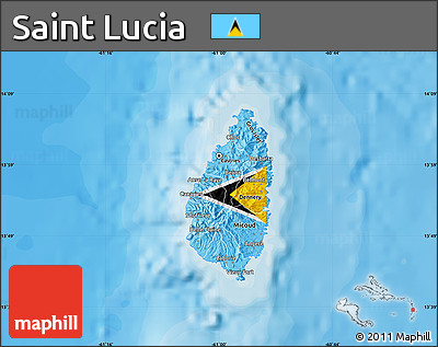 Flag Map of Saint Lucia, single color outside, bathymetry sea, shaded relief sea, flag rotated