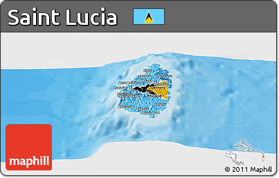 Flag Panoramic Map of Saint Lucia, shaded relief outside, bathymetry sea, flag aligned to the middle