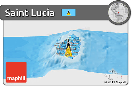 Flag Panoramic Map of Saint Lucia, shaded relief outside, bathymetry sea