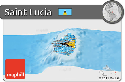 Flag Panoramic Map of Saint Lucia, shaded relief outside, flag aligned to the middle