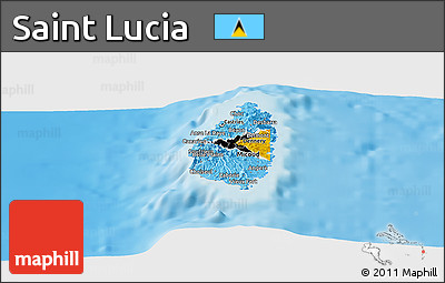 Flag Panoramic Map of Saint Lucia, shaded relief outside, flag aligned to the middle