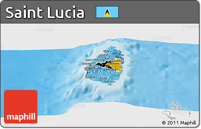 Flag Panoramic Map of Saint Lucia, shaded relief outside, flag aligned to the middle