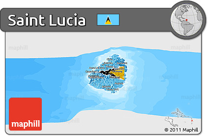 Flag Panoramic Map of Saint Lucia, single color outside, bathymetry sea, flag aligned to the middle