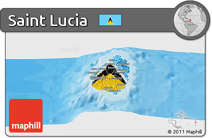 Flag Panoramic Map of Saint Lucia, single color outside, bathymetry sea, shaded relief sea, flag centered