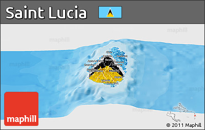 Flag Panoramic Map of Saint Lucia, single color outside, bathymetry sea, shaded relief sea, flag centered