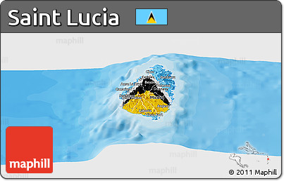 Flag Panoramic Map of Saint Lucia, single color outside, bathymetry sea, shaded relief sea, flag centered