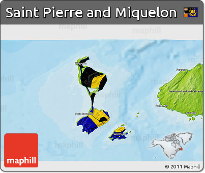 Flag 3D Map of Saint Pierre and Miquelon, physical outside, bathymetry sea, flag centered