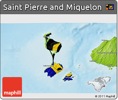 Flag 3D Map of Saint Pierre and Miquelon, physical outside, flag centered