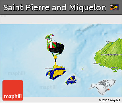 Flag 3D Map of Saint Pierre and Miquelon, physical outside, flag aligned to the middle
