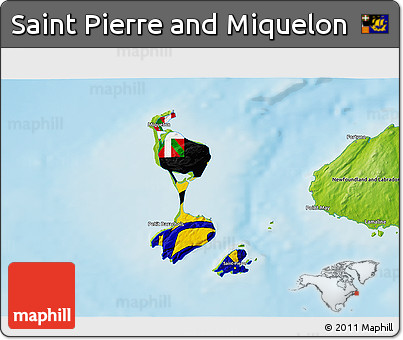 Flag 3D Map of Saint Pierre and Miquelon, physical outside, flag aligned to the middle