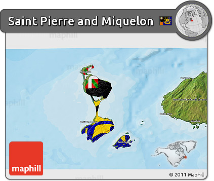 Flag 3D Map of Saint Pierre and Miquelon, satellite outside, bathymetry sea, flag aligned to the middle