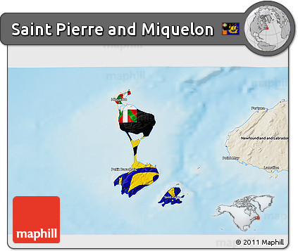 Flag 3D Map of Saint Pierre and Miquelon, shaded relief outside, flag aligned to the middle