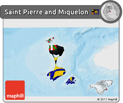 Flag 3D Map of Saint Pierre and Miquelon, single color outside, bathymetry sea, shaded relief sea, flag aligned to the middle