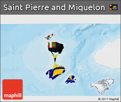 Flag 3D Map of Saint Pierre and Miquelon, single color outside, bathymetry sea, shaded relief sea, flag aligned to the middle