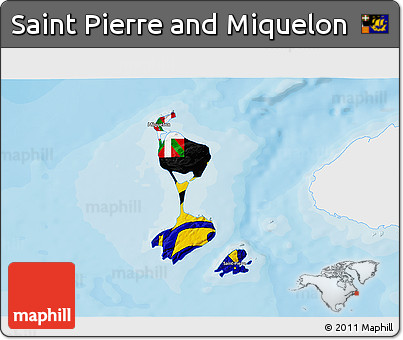 Flag 3D Map of Saint Pierre and Miquelon, single color outside, bathymetry sea, shaded relief sea, flag aligned to the middle