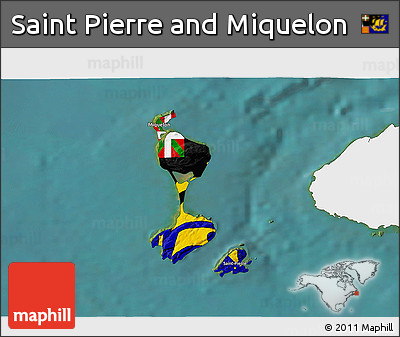 Flag 3D Map of Saint Pierre and Miquelon, single color outside, satellite sea, flag rotated