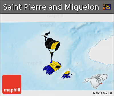 Flag 3D Map of Saint Pierre and Miquelon, single color outside, shaded relief sea, flag centered