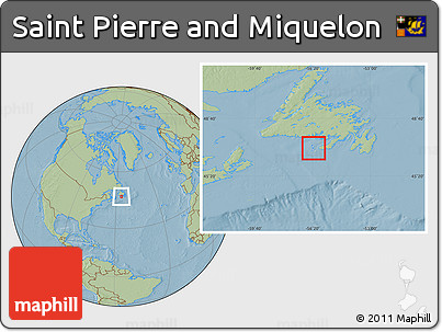 Gray Location Map of Saint Pierre and Miquelon, savanna style outside, hill shading outside