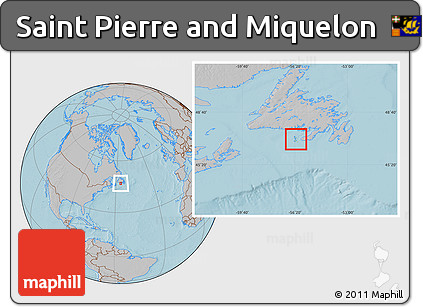 Savanna Style Location Map of Saint Pierre and Miquelon, gray outside, hill shading outside