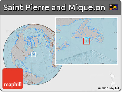 Savanna Style Location Map of Saint Pierre and Miquelon, gray outside, hill shading outside