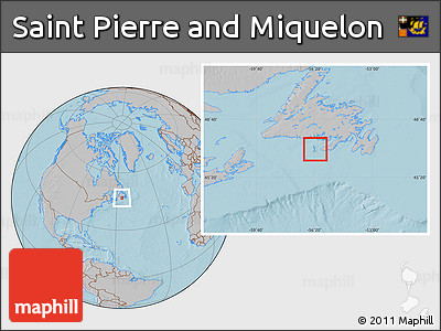 Savanna Style Location Map of Saint Pierre and Miquelon, gray outside, hill shading outside