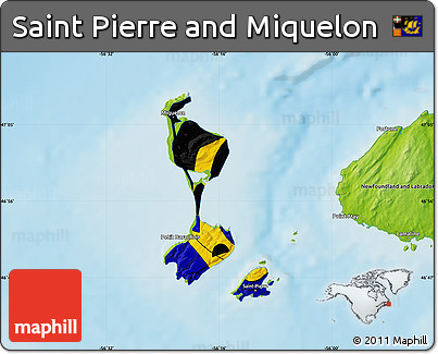 Flag Map of Saint Pierre and Miquelon, physical outside, flag centered