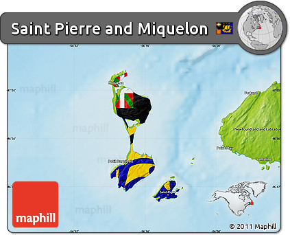 Flag Map of Saint Pierre and Miquelon, physical outside, flag rotated