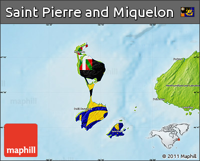 Flag Map of Saint Pierre and Miquelon, physical outside, flag rotated
