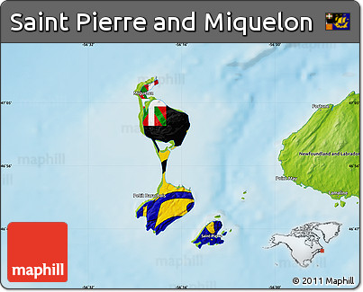 Flag Map of Saint Pierre and Miquelon, physical outside, flag rotated