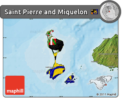 Flag Map of Saint Pierre and Miquelon, satellite outside, bathymetry sea, flag aligned to the middle